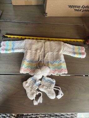 Hand-Knit Cream Baby Jacket with Pastel Stripe Trim inc blanket